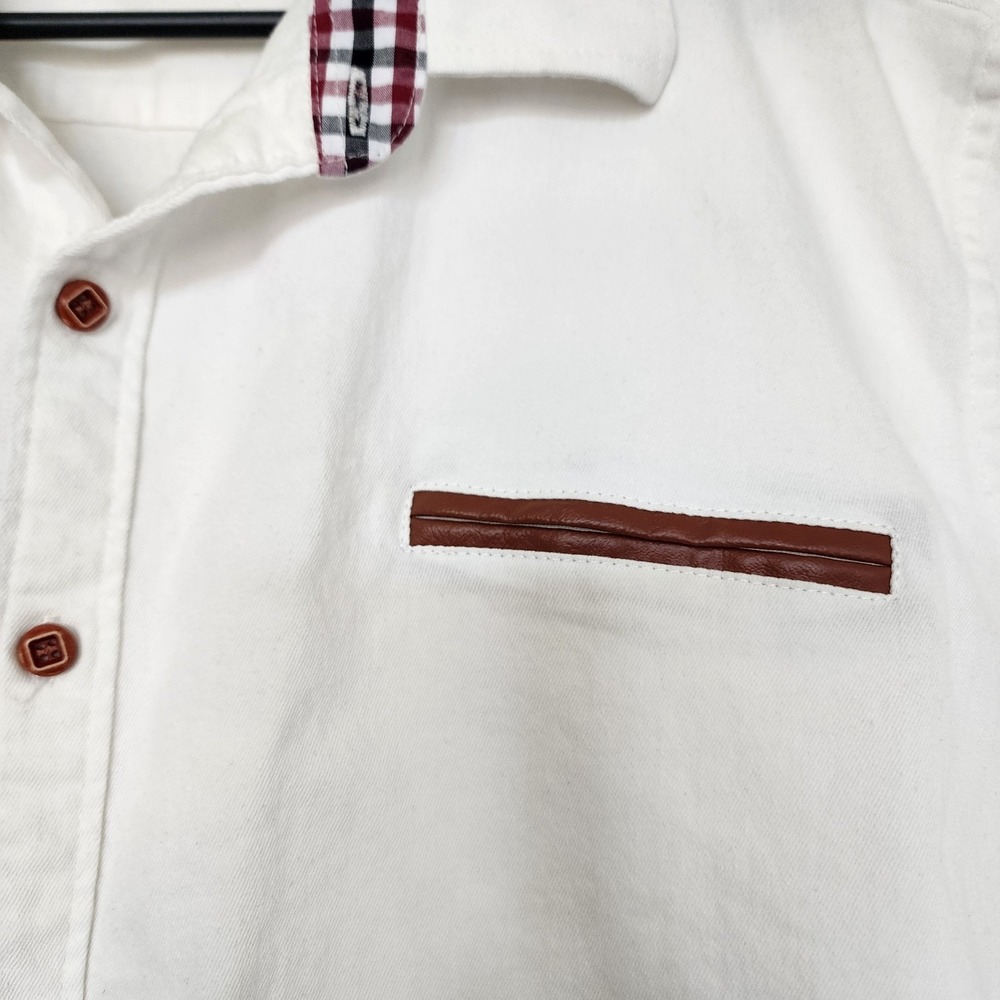 COOFANDY Mens XL White Button Front Shirt Plaid Trim Faux Leather Pocket Casual - Picture 3 of 10